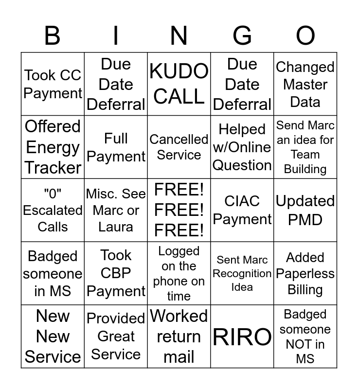 Call Center Bingo Card