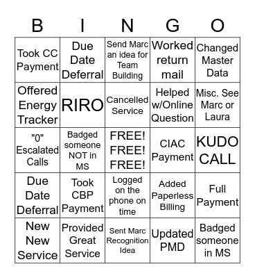 Call Center Bingo Card