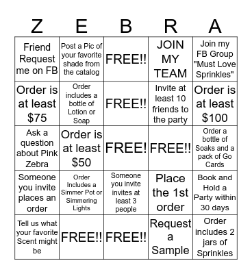 Pink Zebra Bingo Card