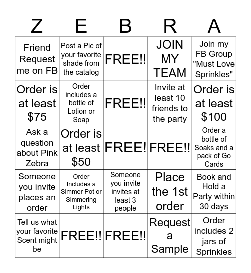Pink Zebra Bingo Card