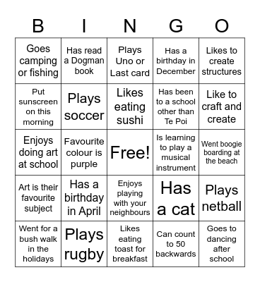 Room 9 Te Poi School Bingo Card