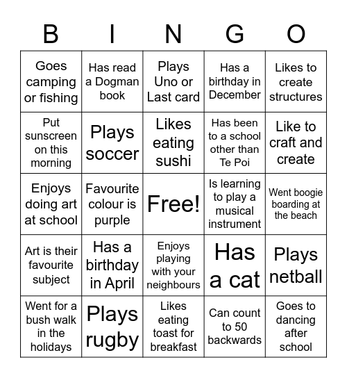 Room 9 Te Poi School Bingo Card