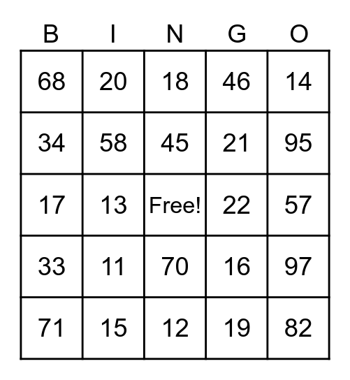 Number BINGO Card