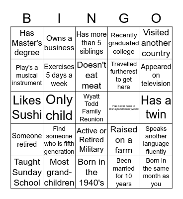 Wyatt Todd Family Reunion 2015 Bingo Card