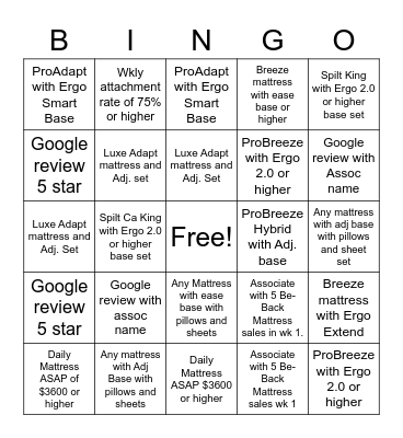 Tempur Pedic- Cali Bingo Card