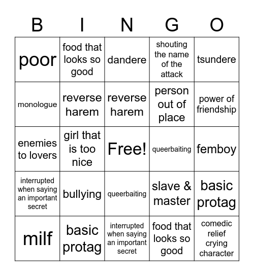 anime bingo Card