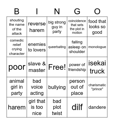 anime bingo Card