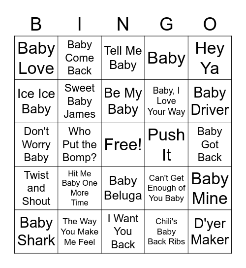 Baby Music Bingo Card