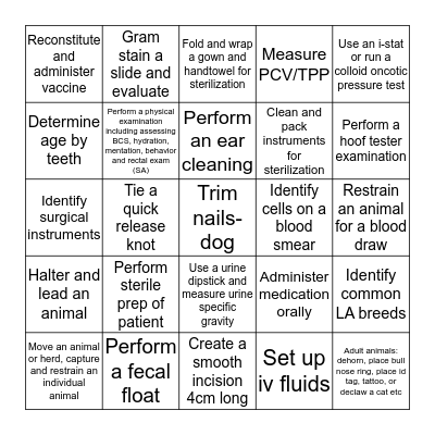 Clinical Skills Year 1 - Card D Bingo Card