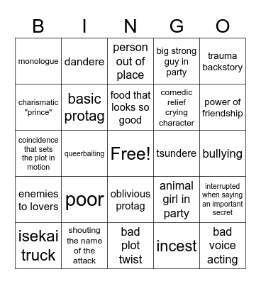 anime bingo Card