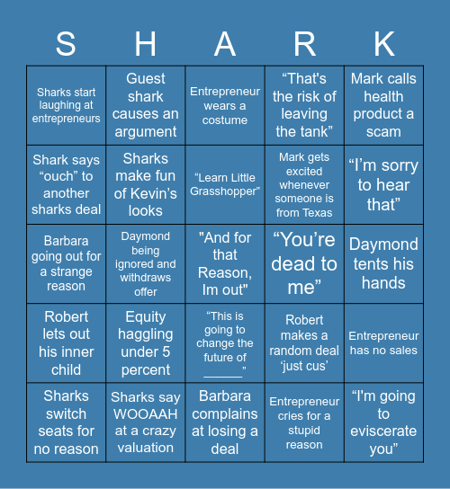 Shark Tank Bingo Card