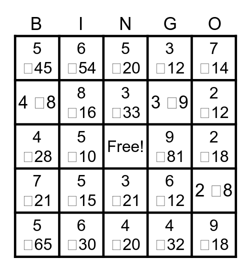 Fractions as Division Bingo Card