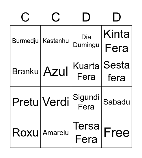 Cabo Verde Kriolu (Days & Colors) Bingo Card