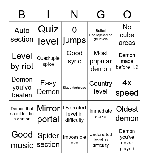 Demon level bingo Card