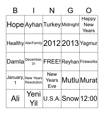 Yeni Yiliniz Kutlu Olsun 2012-2013 Bingo Card