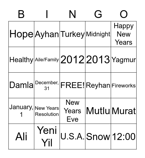 Yeni Yiliniz Kutlu Olsun 2012-2013 Bingo Card