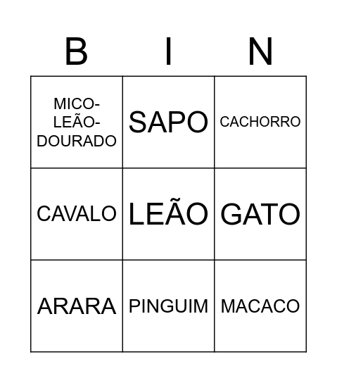 ANIMAIS Bingo Card