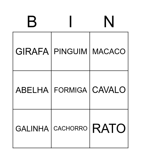 ANIMAIS Bingo Card