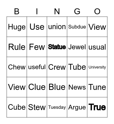 Long vowel U sounds Bingo Card