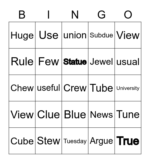 Long vowel U sounds Bingo Card