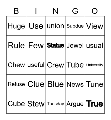 Long vowel U sounds Bingo Card