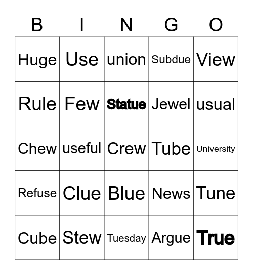 Long vowel U sounds Bingo Card