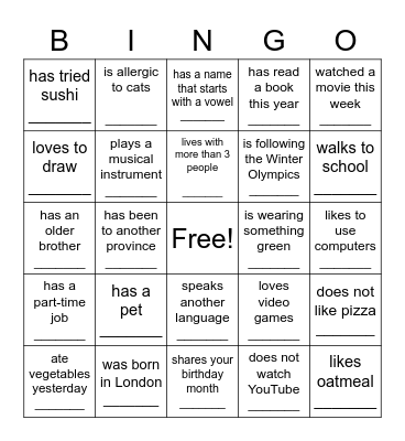 Getting to Know You Bingo: Find someone who Bingo Card