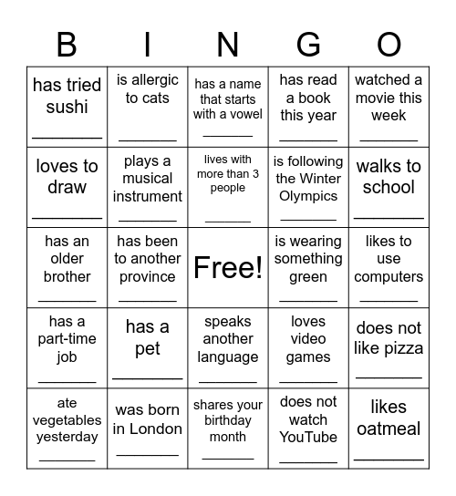 Getting to Know You Bingo: Find someone who Bingo Card