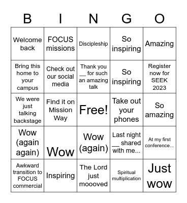SEEK Emcee Bingo Card