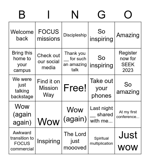 SEEK Emcee Bingo Card