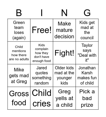 Kid Nation Bingo Card