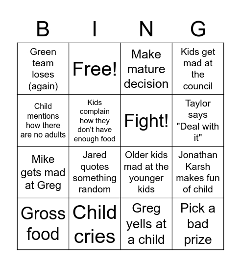 Kid Nation Bingo Card