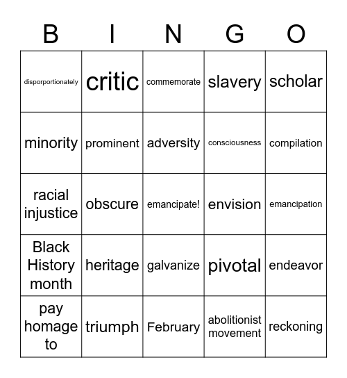 Black History Month Vocabulary Bingo Card