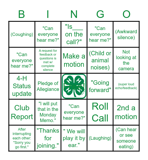 4-H Virtual Meeting Bingo Card