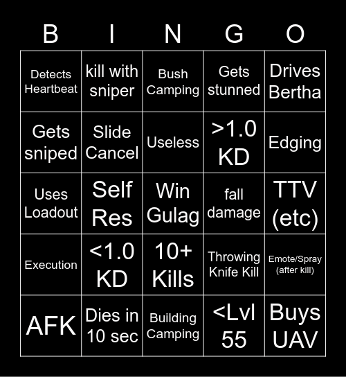 WarZone Bingo Card