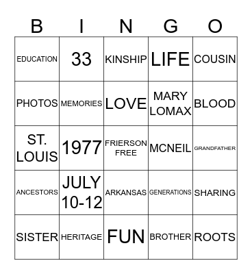 FRIERSON FAMILY REUNION Bingo Card
