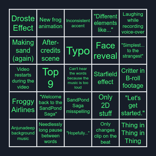 SandPond Saga Bingo Card