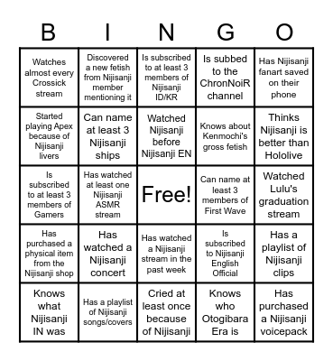Nijisanji Bingo Card