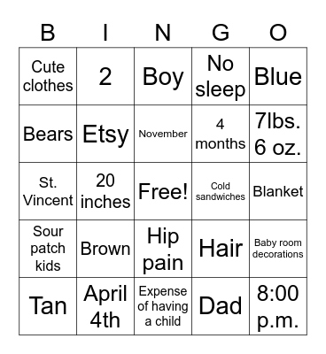 Baby Shower Bingo Card