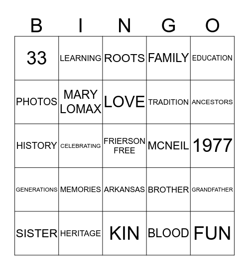 FRIERSON FAMILY REUNION Bingo Card