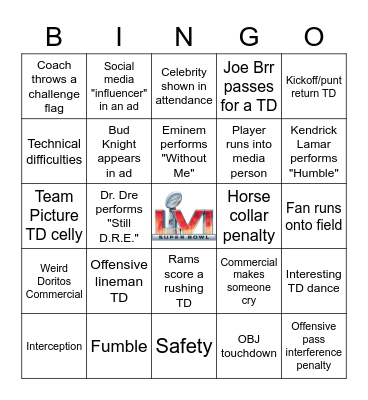 Super Bowl 56 Bingo Card