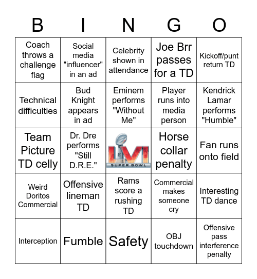 Super Bowl 56 Bingo Card