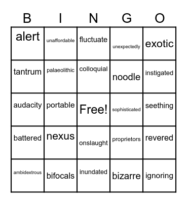 Vocabulary Bingo Card