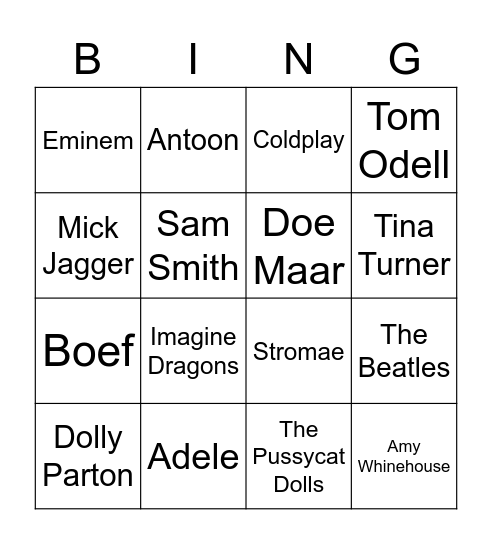 Artiesten Bingo Card