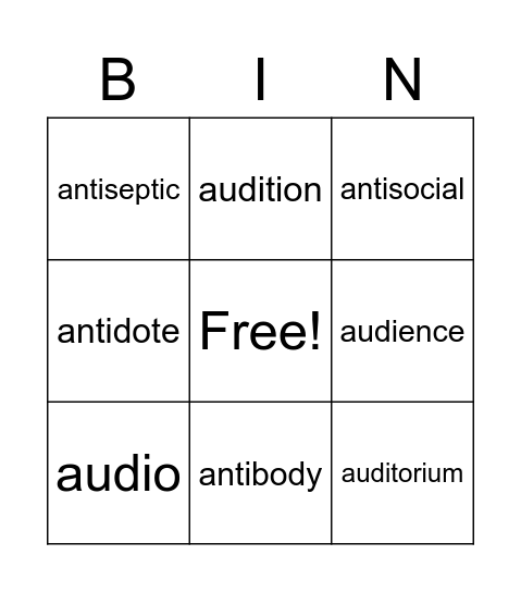 Vocabulary List Week 16 Bingo Card