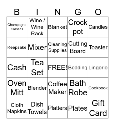 Jenna's Bridal Shower Gift Bingo Card