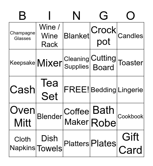 Jenna's Bridal Shower Gift Bingo Card