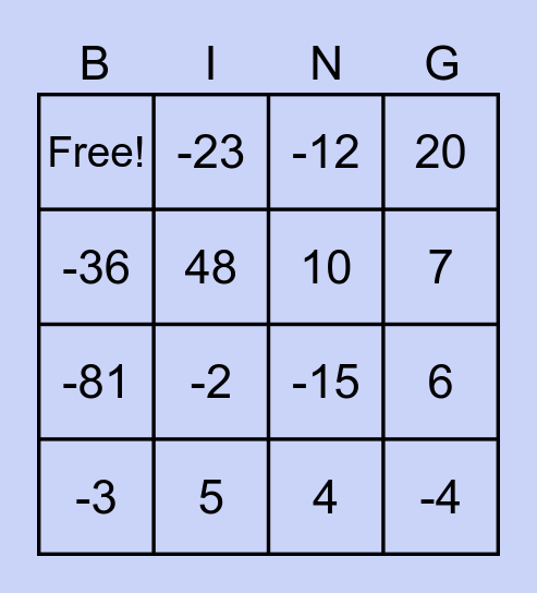 Funny Math Bingo Card