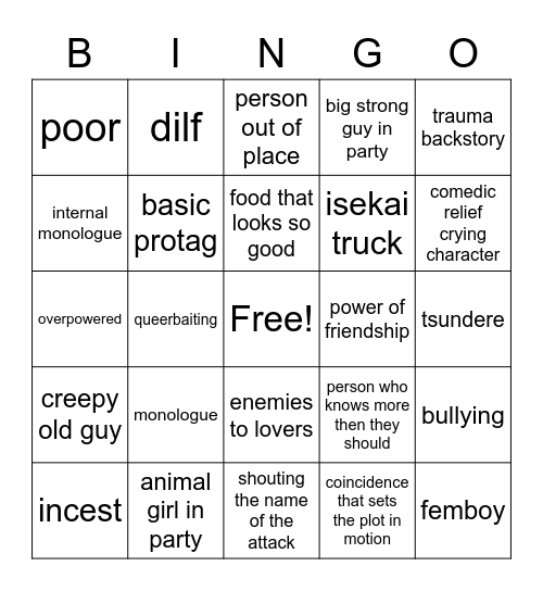 anime Bingo Card