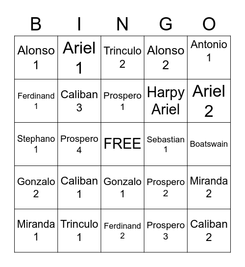 The Tempest Bingo Card